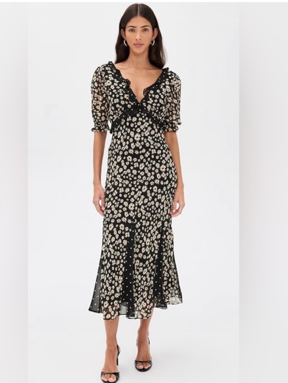 Rails Annemarie Daisy Dot Combo Dress Size M Black Chiffon Puff Sleeve  Ruffle